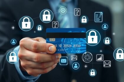 Bankkártya biztonság és modern fizetési megoldások illusztrációja