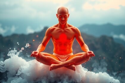 Meditáló férfi szénsavas ital környezetében, egészség és wellness témában.