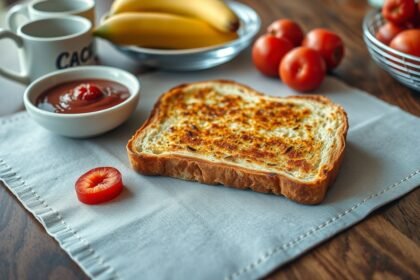 Pirítós kenyér friss zöldségekkel és szószokkal reggelire.