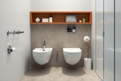 Modern bidé és toalett fürdőszobai elrendezés