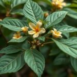 Ashwagandha virágok és levelek közelről, természetes stresszcsökkentő növény.