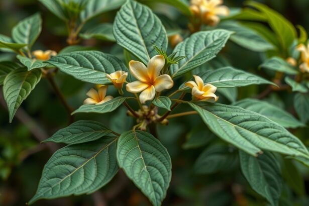 Ashwagandha virágok és levelek közelről, természetes stresszcsökkentő növény.