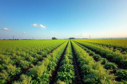 Zöldségföld a napfényben, terméshozam növelésére optimalizálva.