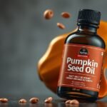 Tökmagolaj üvegpalack, körülötte tökmagok láthatók.