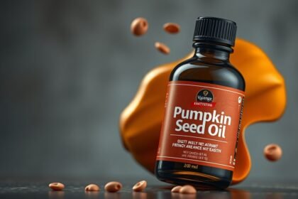 Tökmagolaj üvegpalack, körülötte tökmagok láthatók.