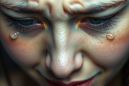 Egy nő, aki sír, kifejezve érzelmeit a könnyekkel.