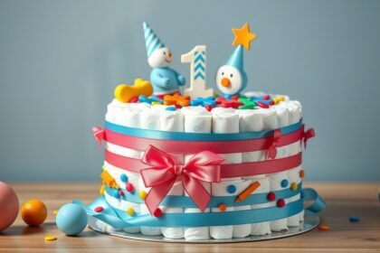 Dekoratív pelenkatorta kisfiú első születésnapjára, tele pelenkákkal és díszekkel.