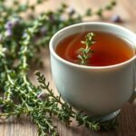 Friss kakukkfű tea egy fehér csészében, gyógynövényekkel körülvéve.