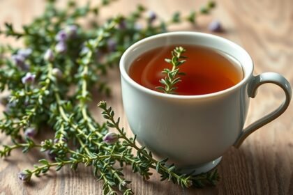 Friss kakukkfű tea egy fehér csészében, gyógynövényekkel körülvéve.