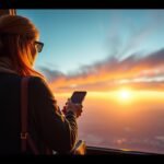 Nő a repülőgép ablakánál naplementében, telefonját böngészi