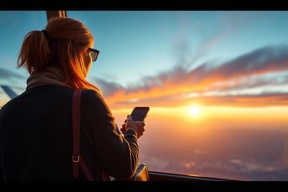 Nő a repülőgép ablakánál naplementében, telefonját böngészi