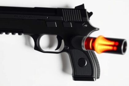 Riasztópisztoly fekete színben, piros lámpával ellátva.