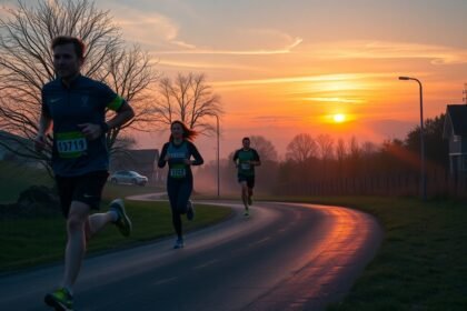 Reggeli futás a napkelte fényében, energikus sportolók az úton.