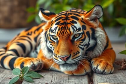 Békés tigris pihen egy fás környezetben, természetes környezetben.