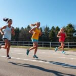 Négy futó a szabadban, napfényes környezetben