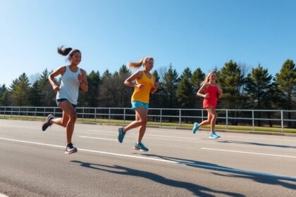 Négy futó a szabadban, napfényes környezetben
