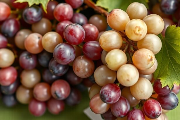 Friss fehér szőlő fürtök és levelek közelről