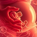 Terhes nő keze, amely mellet figyeli a magzatot.