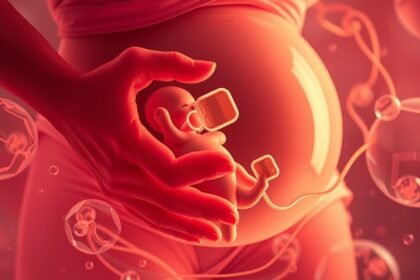 Terhes nő keze, amely mellet figyeli a magzatot.