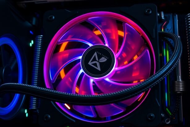 PWM ventilátor a számítógép hűtésében, színes világítással.