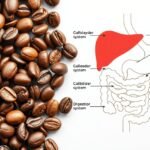 Kávébabbal és emésztőrendszert bemutató illusztráció
