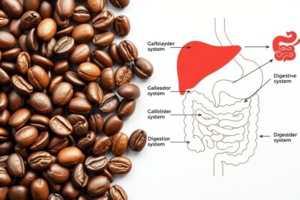 Kávébabbal és emésztőrendszert bemutató illusztráció