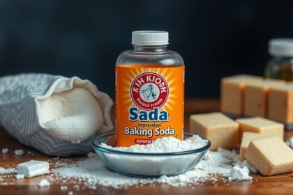 Szódabikarbóna és termékek asztalon, sokoldalú felhasználásra.