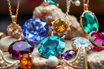 Színes ásványékszerek különböző formákban és kövekkel.
