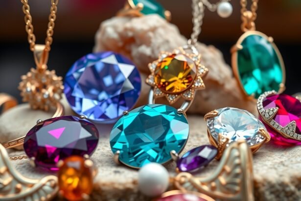Színes ásványékszerek különböző formákban és kövekkel.
