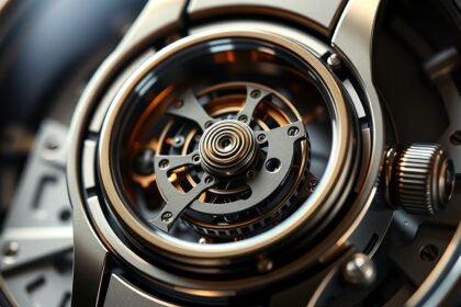 A tourbillon óraszerkezet részletes képe, amely gravitációs hibákat korrigál.