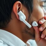 Fiatal férfi AirPods használat közben, csúcstechnológiás audio élményekhez.