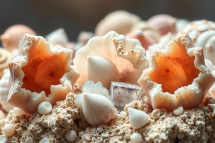 Kagylóásvány és különböző kagylók közelről, természetes környezetben