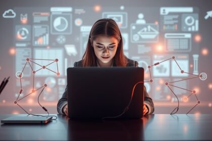 Fiatal nő számítógép előtt, online oktatás és munka közben