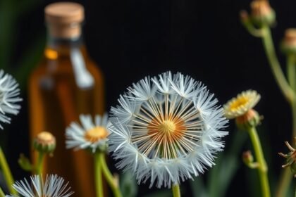 Pitypang virágok és pitypangszörp üveg háttérben.