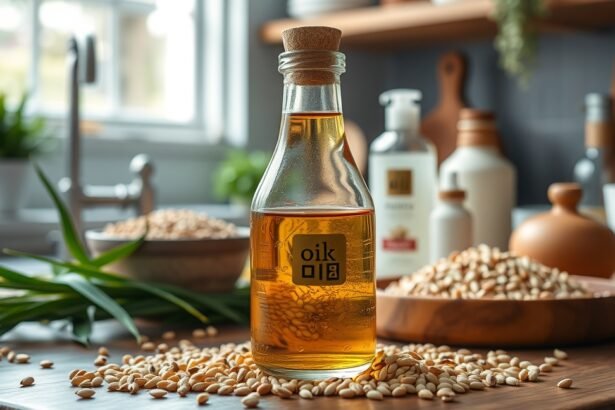 Szezámolaj üveg palack és szezámmagok konyhában
