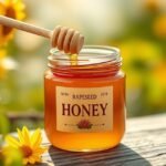 Repce méz üvegben, kanállal a természetben, napraforgók között