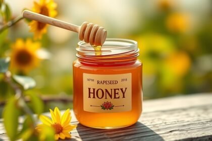 Repce méz üvegben, kanállal a természetben, napraforgók között
