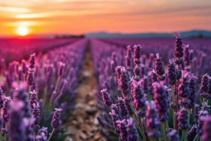 Levendula mező naplementében, a természetes szépség képviselője.