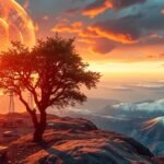 Naplemente egy fával és energiaforrásokkal, a klímaváltozás kontextusában