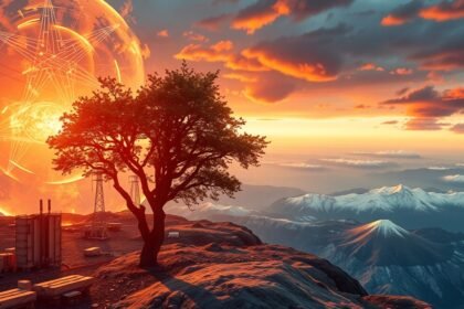 Naplemente egy fával és energiaforrásokkal, a klímaváltozás kontextusában