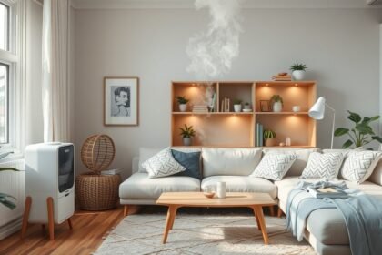 Modern otthon hidegpárásító használat közben a nappaliban