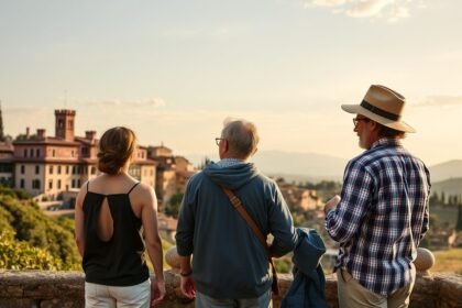 Három ember Toszkána gyönyörű táját nézi.
