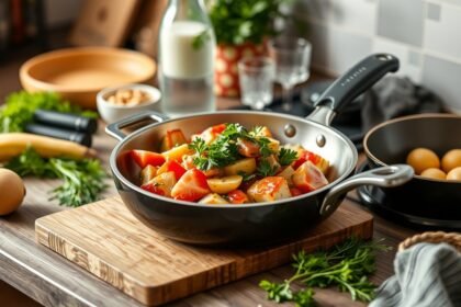 Friss zöldségek kerámia serpenyőben, egészséges főzés otthon.