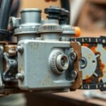 Láncfűrész karburátor közelről, a működési elvek szemléltetése.