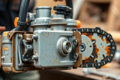 Láncfűrész karburátor közelről, a működési elvek szemléltetése.