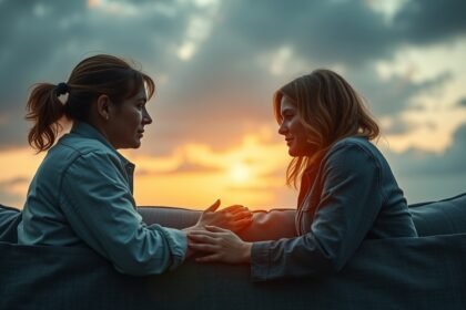 Két nő beszélget a naplementében, kapcsolati támogatás és kommunikáció.