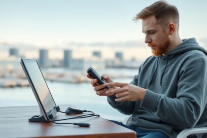 Fiatal férfi Varta elemtöltőt használ egy laptop mellett a szabadban.