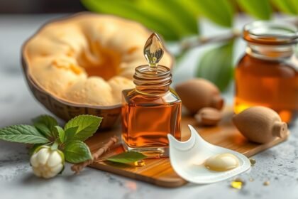 Kaporolaj üveg, növények és természetes összetevők a háttérben.