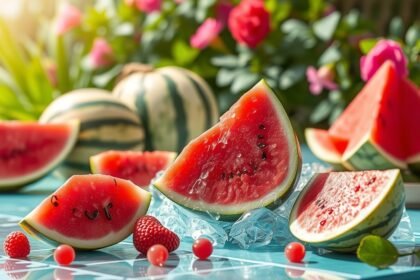 Friss dinnye szeletek virágos háttérrel nyári élvezethez