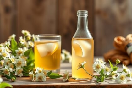 Frissítő bodzaszörp jégkockákkal és bodzavirágokkal.